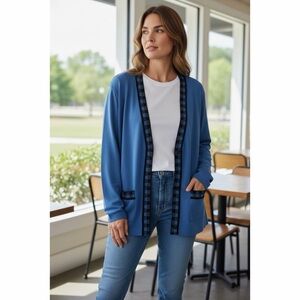 MISOOK Blue/Black Plaid Trim Long Sleeve Button Front Cardigan L